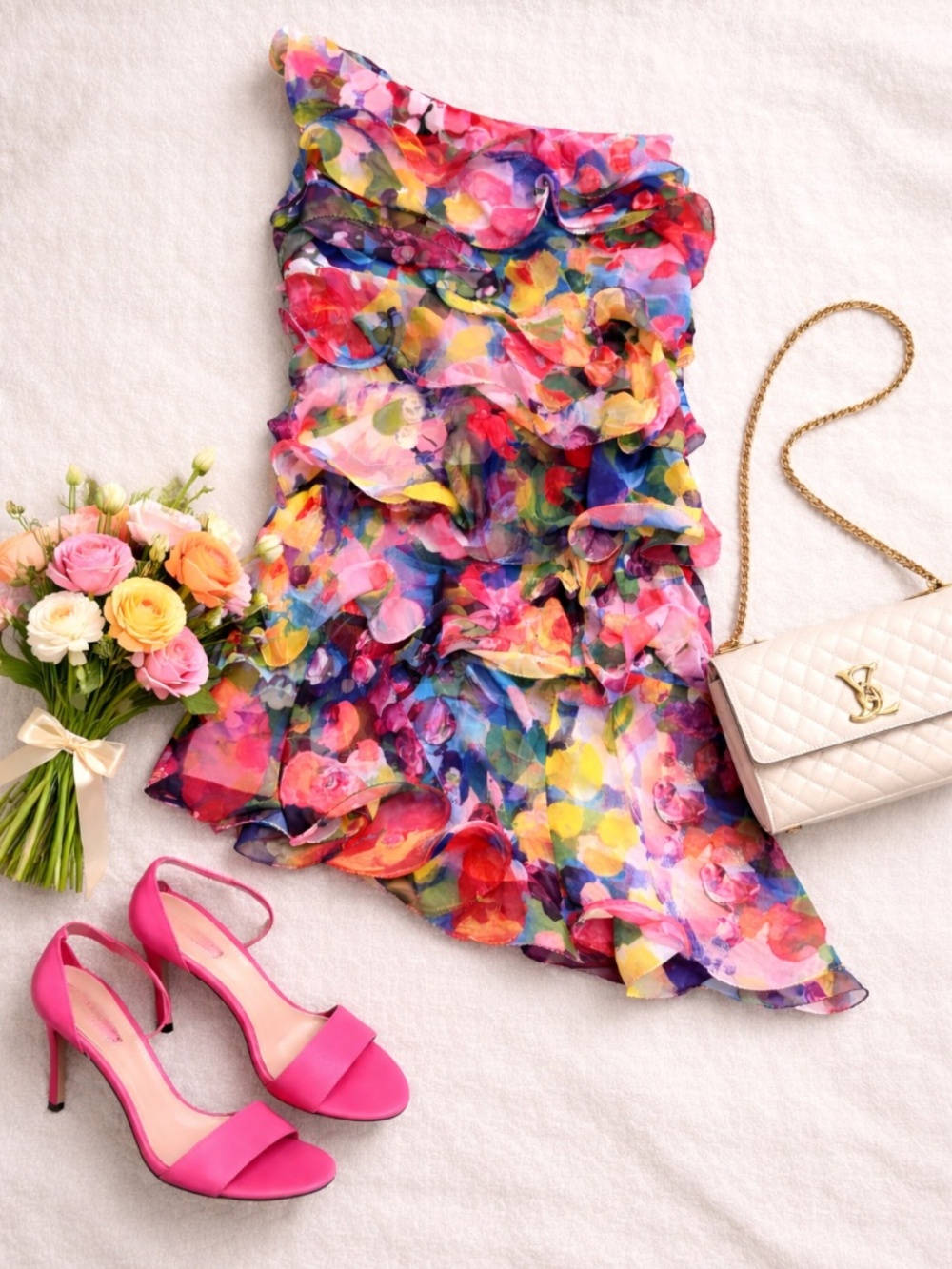 Marchesa Notte One Shoulder Floral Ruffle Dress – Size 6 🌸✨Romantic